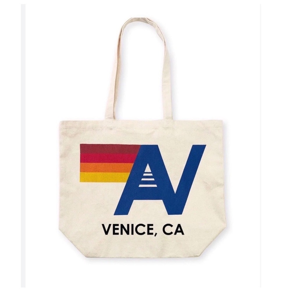 Aviator Nation Venice CA Canvas Logo Tote Bag Cream Rainbow Stripe Large (A)
